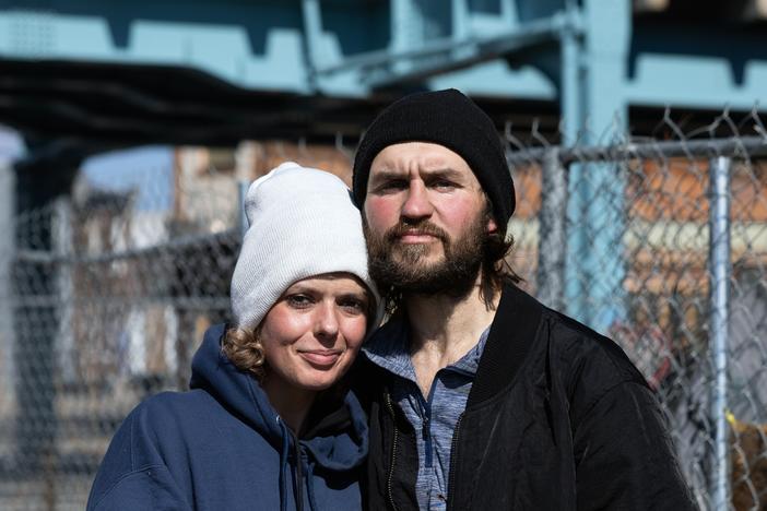 Elena (left) and Vadim live on the street in Kensington, a neighborhood of Philadelphia that has long struggled with fentanyl and other drug use.  Both told NPR they have survived their drug use, in part, due to naloxone, or Narcan, a medication that reverses opioid overdoses. NPR agreed not to use their last name because street drug use is illegal.