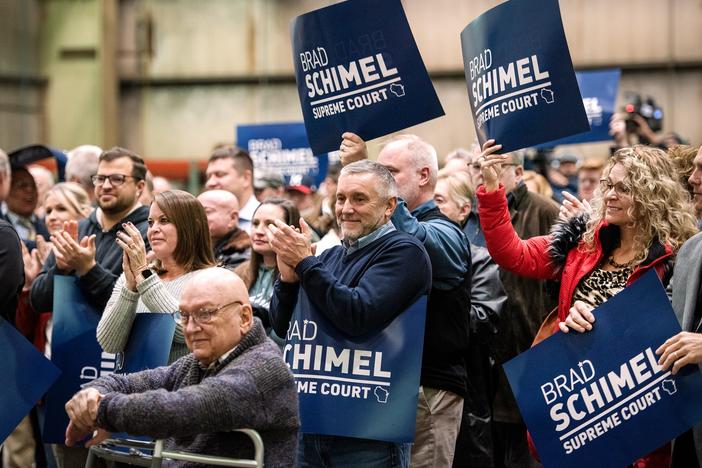 Attendees applaud as Brad Schimel announces his run for Wisconsin State Supreme Court on Thursday, Nov. 30, 2023, in Waukesha, Wis.