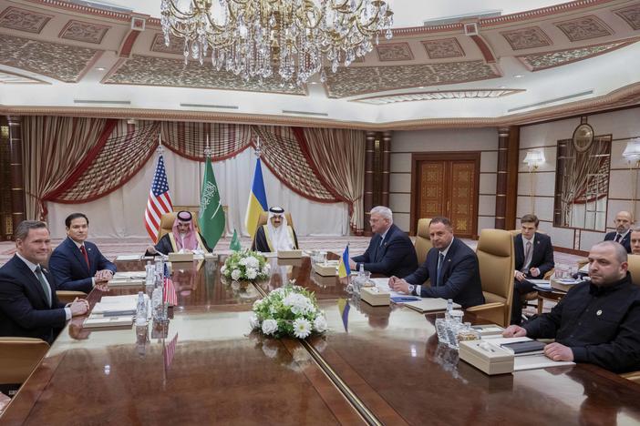 U.S. national security adviser Mike Waltz and Secretary of State Marco Rubio sit down with Saudi and Ukrainian officials in Jeddah, Saudi Arabia, Tuesday.
