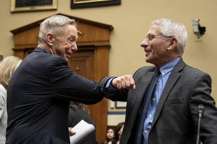 Before there were masks, there were elbow bumps. Rep. Stephen Lynch, D-Mass., and Dr. Anthony Fauci greet each other before a House Oversight and Reform Committee hearing on March 11, 2020.