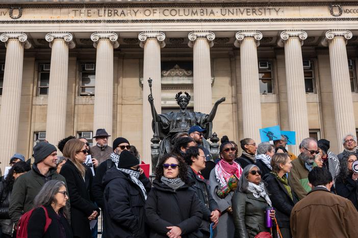 Columbia University faculty members hold a pro-Palestinian and pro-free speech rally on the Columbia University campus in 2023 in New York City.