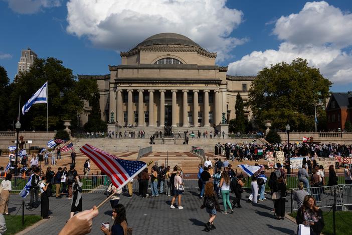 Columbia students organize dueling memorials and rallies both for Israel and Palestinians in Gaza on the one-year anniversary of the October 7th Hamas attack, on Oct. 7, 2024 in New York City.