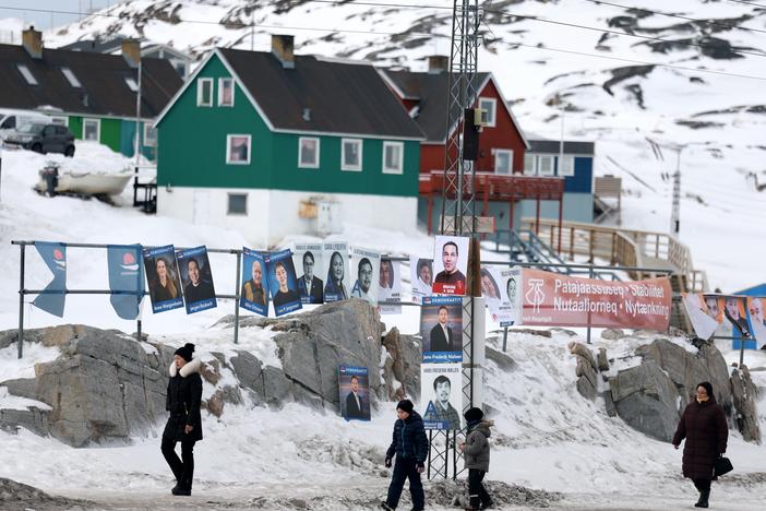 Campaign posters hang outside a polling station ahead of Greenland's March 11 election, in Ilulissat, Greenland. The island will elect the 31 members of its parliament, called the Inatsisartut. Greenland was due to hold elections by April 6, but Prime Minister Mute Egede called for an early vote amid the geopolitical tensions stoked by President  Trump's vow to take control of the autonomous Danish territory.