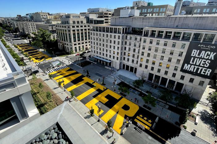 Black Lives Matter Plaza on 16th Street Washington, D.C., is repainted following the removal of the lettering for a construction project on May 13, 2021.