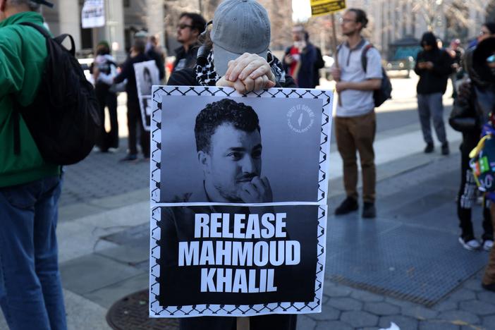 Pro-Palestinian protestors demonstrate in Lower Manhattan on Monday, after immigration officers arrested a leader of the protests at Columbia University against Israel's war against Hamas in Gaza. Mahmoud Khalil, one of the most prominent faces of the university's protest movement, was arrested on March 9.