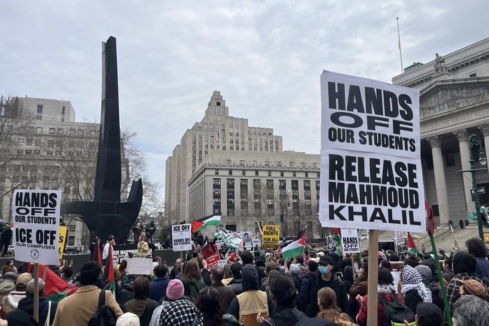 Supporters of Mahmoud Khalil rally outside the United States District Court for the Southern District of New York in Manhattan on March 12, 2025.