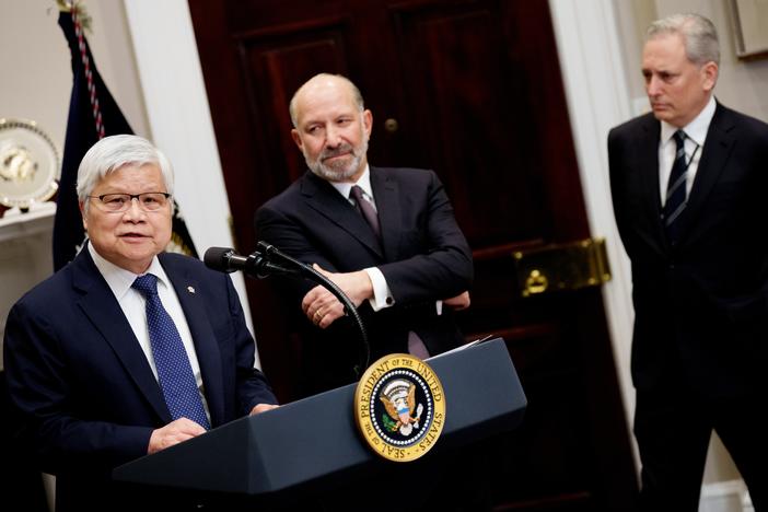 C.C. Wei, the CEO of Taiwan Semiconductor Manufacturing Company (TSMC), is shown at left and accompanied by U.S. Commerce Secretary Howard Lutnick and David Sacks, U.S. President Trump's AI and crypto czar, at the White House on March 3. Trump announced that Taiwan Semiconductor Manufacturing Company, one of the largest manufacturers of semiconductor chips, plans to invest $100 billion in new manufacturing facilities in the United States.