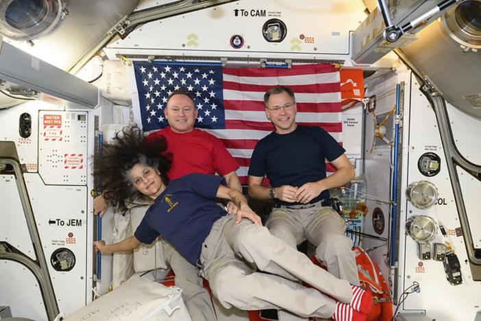 Astronauts Suni Williams (lower) and Butch Wilmore (left) were originally supposed to return to Earth in June of last year. Instead, they've been part of the latest crew of the International Space Station, along with astronaut Nick Hague (right).