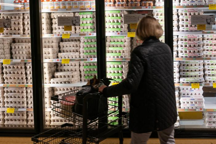 Eggs are displayed in a Manhattan grocery store last month. Inflation eased in February but it's still too high for comfort. Egg prices, for example, surged more than 10% from January.