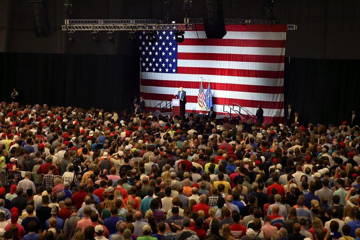 In 2016, Donald Trump, as the then-presumptive Republican nominee for U.S. president, addresses a campaign rally at the Grand Park Events Center in Westfield, Ind., where Trump's current federal hiring freeze has forced a special local census to be put on hold.