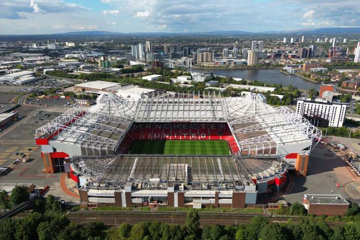 An aerial view of Old Trafford stadium, home of Manchester United Football Club, on Aug. 31, 2022 in Manchester, England.