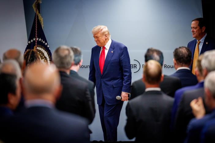 President Trump arrives at the Business Roundtable's quarterly meeting on March 11, to address a group of CEOs amid an ongoing market selloff sparked by his new tariffs.