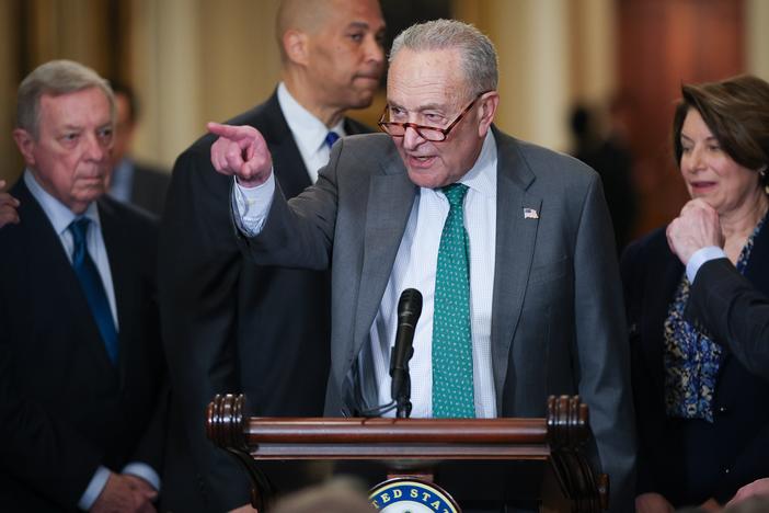 WASHINGTON, DC - MARCH 11: Senate Minority Leader Chuck Schumer (D-NY) speaks during a press conference following a policy luncheon at the U.S. Capitol on March 11, 2025 in Washington, DC. Schumer answered a range of questions during the press conference. (Photo by Win McNamee/Getty Images)
