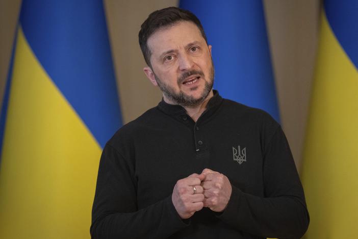 Ukrainian President Volodymyr Zelenskyy speaks during the briefing in Kyiv, Ukraine, Wednesday.
