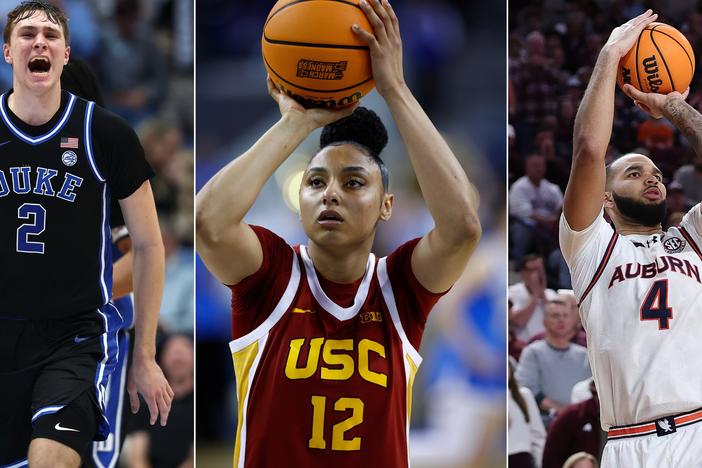 Three top contenders for this year's college basketball tournaments: Cooper Flagg of Duke, JuJu Watkins of USC and Johni Broome of Auburn.