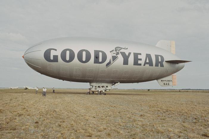 A Goodyear Blimp, circa 1960. The airships have acted as massive, floating billboards for Goodyear tires since 1925.