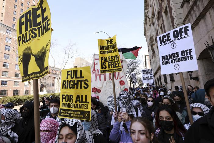 Protesters rally in support of detained Palestinian activist Mahmoud Khalil outside Columbia University in New York on Friday, March 14, 2025.