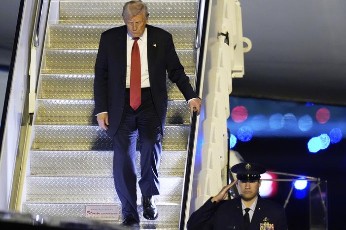 President Donald Trump arrives on Air Force One at Palm Beach International Airport, Friday, March 14, 2025, in West Palm Beach, Fla.