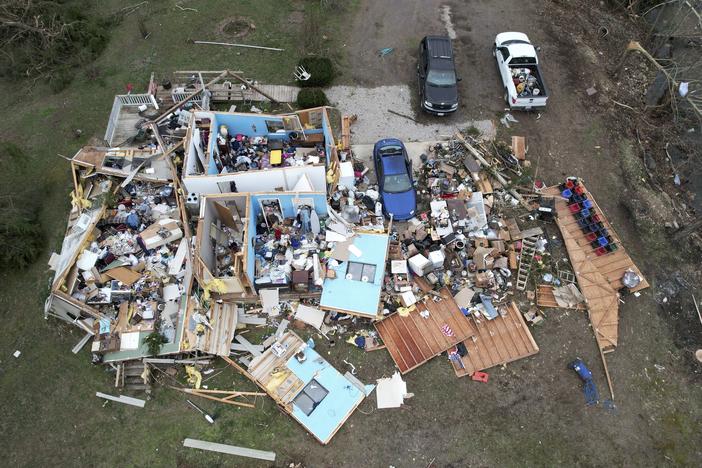Destruction from a severe storm is seen on Saturday, March 15, 2025, in Wayne County, Mo.