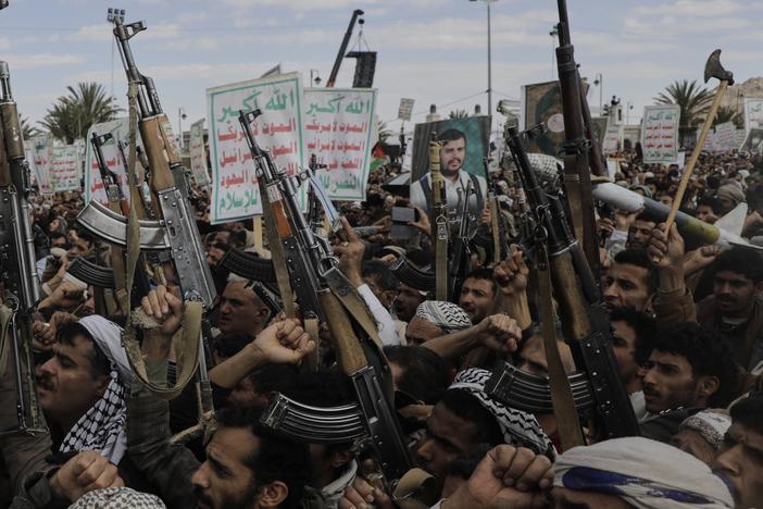 Houthi supporters chant slogans and hold pictures of Abdul Malik al-Houthi, the leader of the Houthi movement, during an anti-U.S. and anti-Israel rally in Sanaa, Yemen, Monday, March 17, 2025.