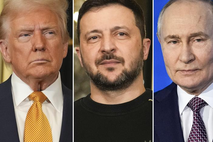 President Trump, Ukrainian President Volodymyr Zelenskyy and Russian President Vladimir Putin seen in a composite of photos.