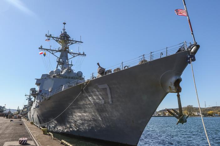 Armament and on-board equipment of the US Navy Arleigh Burke-class guided missile destroyer USS Gravely is seen in Gdynia, Poland on April 19  2019.