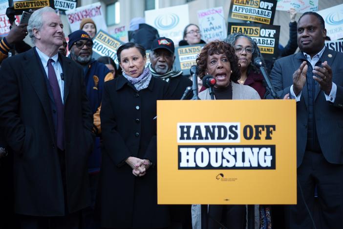 U.S. Rep. Maxine Waters, D-Calif., speaks during a March 3 protest outside the Department of Housing and Urban Development building in Washington, D.C.. The protestors oppose Trump administration cuts to the agency's staff and funding.