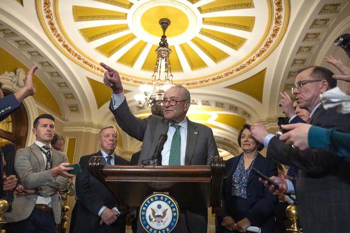 Sen. Charles Schumer, D-N.Y., speaks to reporters after a Senate policy luncheon on Capitol Hill, Tuesday, March 11, 2025, in Washington.
