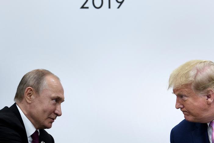 President Trump meets with Russian President Vladimir Putin during the G20 summit in Osaka, Japan, on June 28, 2019. The two men spoke Tuesday on matters including a ceasefire in the Ukraine war.