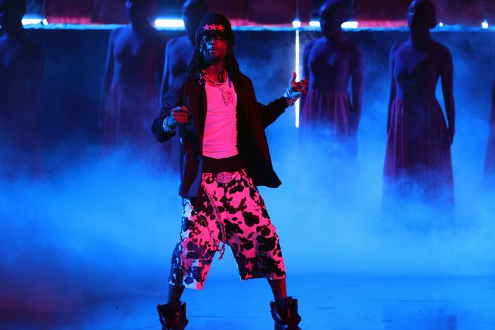 Playboi Carti onstage in February, performing with The Weeknd during the 67th Grammy Awards. The rapper's long-delayed third studio album is titled, simply, <em>Music</em>.