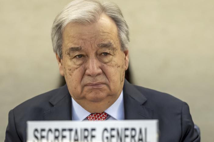U.N. Secretary-General Antonio Guterres attends the High-Level Segment of the 58th session of the Human Rights Council at the European headquarters of the United Nations in Geneva, Switzerland on Monday, Feb. 24, 2025.