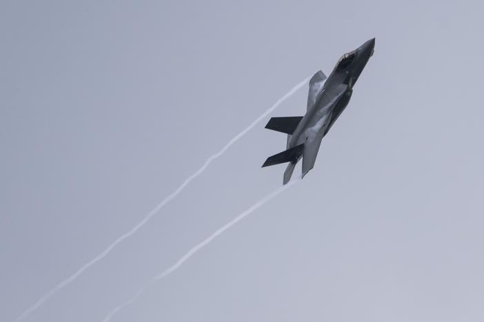 A U.S. Air Force F-35 Lightning II multi-role combat airplane flies over Ramstein Air Base during a day of fighter plane exercises on June 6, 2024, in Ramstein-Miesenbach, Germany.