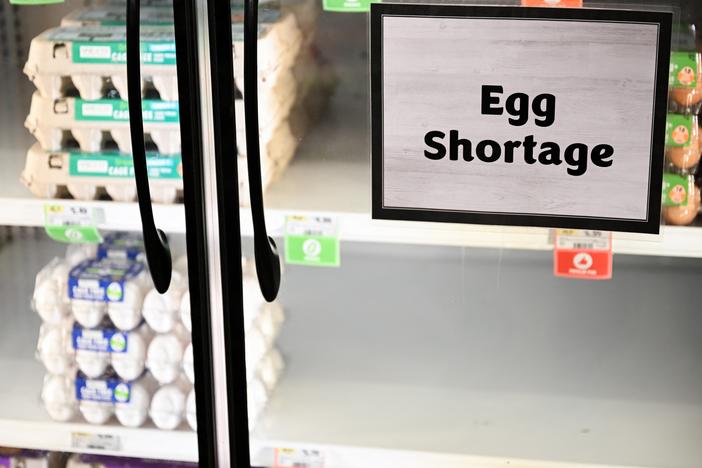 A grocery store in Lawndale, Calif., runs short on eggs on Jan. 2. Egg prices in the U.S. have soared to record highs as avian flu and efforts to contain it have killed millions of egg-laying chickens. But just across the border in Canada, eggs remain plentiful and affordable.
