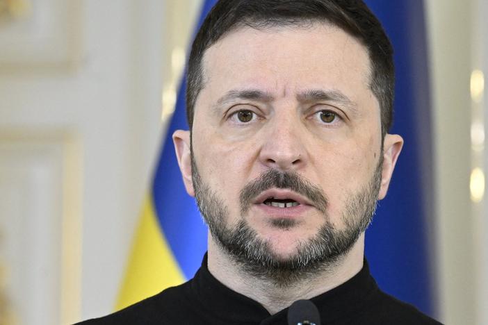 Ukrainian President Volodymyr Zelenskyy speaks during a  joint press conference with the Finnish president at the Presidential Palace in Helsinki on Wednesday. Ukraine's President Zelensky and First Lady Zelenska are on an official visit to Finland.