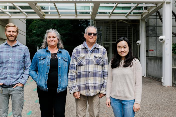 Members of the research team who helped identify a new cellular structure. (L - R) Tyler Coale, Kendra Turk-Kubo, Jon Zehr, Esther Wing Kwan Mak