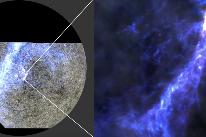 A new half-sky image from the Atacama Cosmology Telescope combines three wavelengths of light to show the Milky Way galaxy in purple and the cosmic microwave background in gray. On the right, the image is zoomed in to show the Orion Nebula.