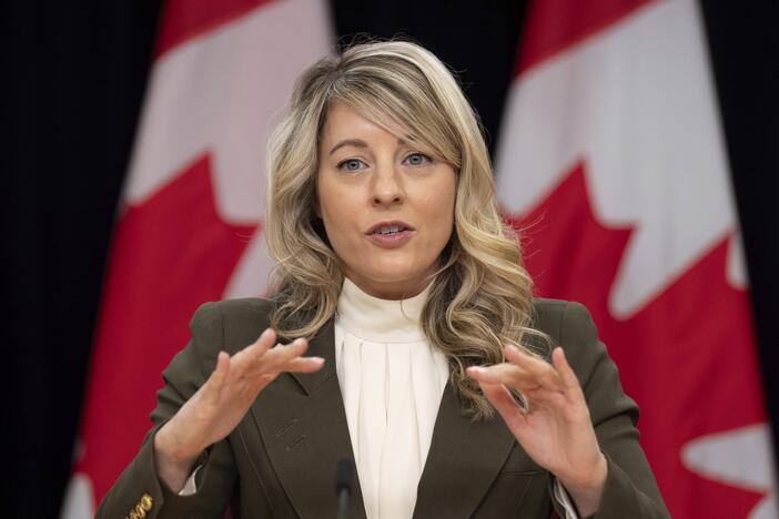 Canada Foreign Affairs Minister Melanie Joly responds to a question during a news conference on tariffs, Wednesday, March 12, 2025, in Ottawa.