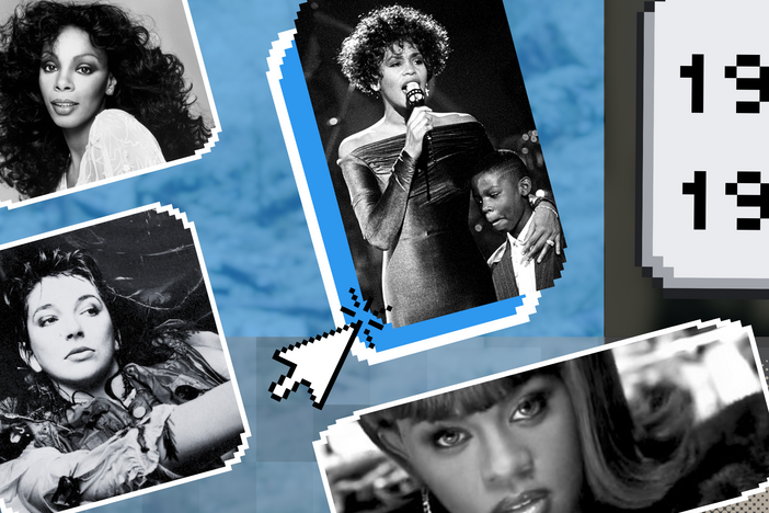 Clockwise, from top left: Donna Summer and Whitney Houston (courtesy of Wikimedia Commons), Lil' Kim and Kate Bush