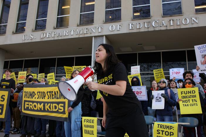 Demonstrators gather outside of the offices of the U.S. Department of Education in Washington, D.C., on March 13 to protest against mass layoffs and budget cuts at the agency.