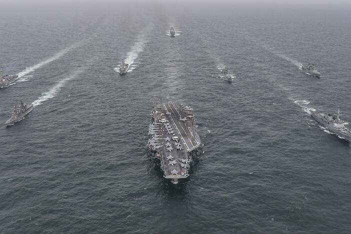 South Korean and U.S. Navy vessels steam in formation during a joint naval exercise in international waters off South Korea's southern island of Jeju at an undisclosed location on April 4, 2023.