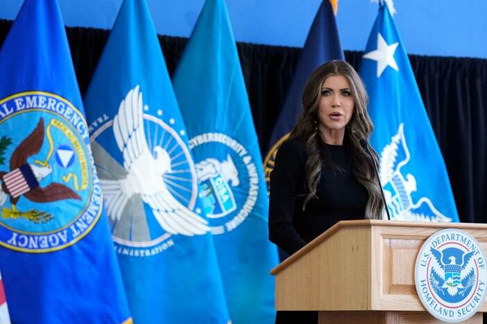 Secretary of Homeland Security Kristi Noem speaks to staff at DHS headquarters in Washington, D.C., on Jan. 28.