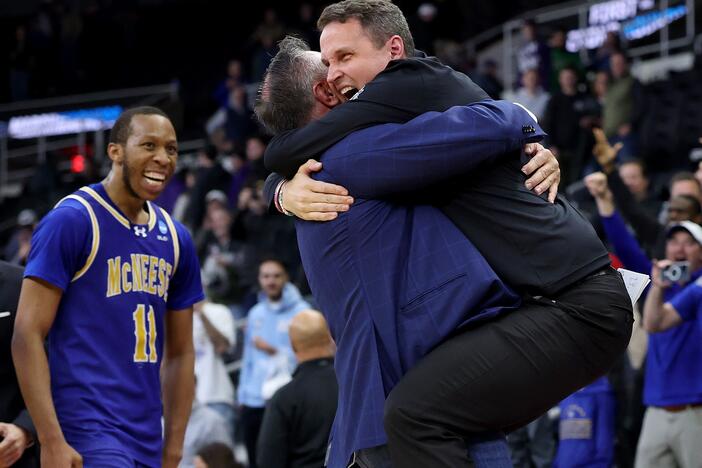 Head coach Will Wade of the McNeese State Cowboys celebrates after defeating the Clemson Tigers 69-67 in the first round of the NCAA Men's Basketball Tournament on March 20, 2025 in Providence, Rhode Island.