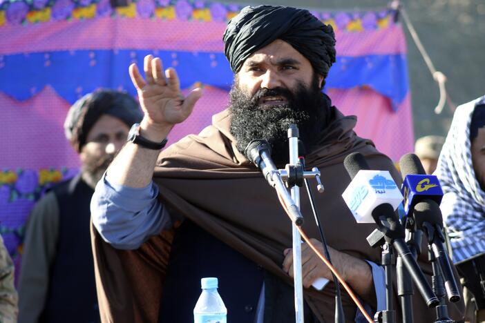 Acting interior minister Sirajuddin Haqqani, speaks during the funeral prayers of Khalil Haqqani, the minister for refugees and repatriation, during his funeral procession in eastern Paktia province, Afghanistan, Dec. 12, 2024.