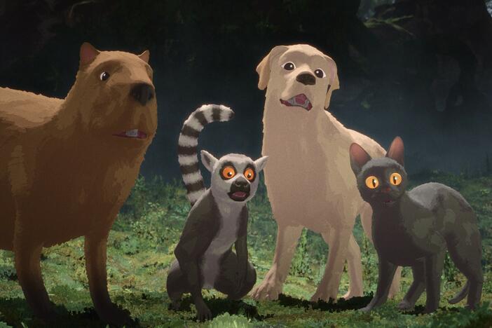A capybara, a lemur, a dog and cat forge an unlikely alliance in the Oscar-winning animated feature film <em>Flow.</em>