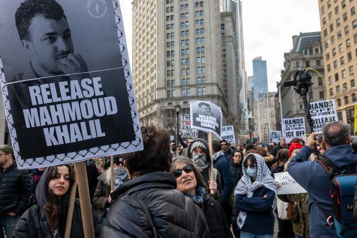 Hundreds stand outside of a New York courthouse to protest the arrest and detention of Mahmoud Khalil, a green card holder who was arrested by federal immigration agents in New York City.