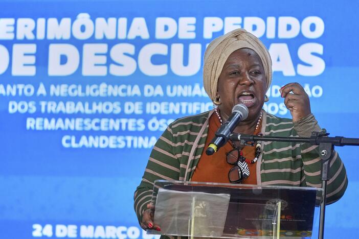 Brazilian Minister of Human Rights Macae Evaristo speaks at a government ceremony to apologize to families of victims of the country's military dictatorship (1964-1985) at the Dom Bosco cemetery in Sao Paulo, Monday, March 24, 2025.