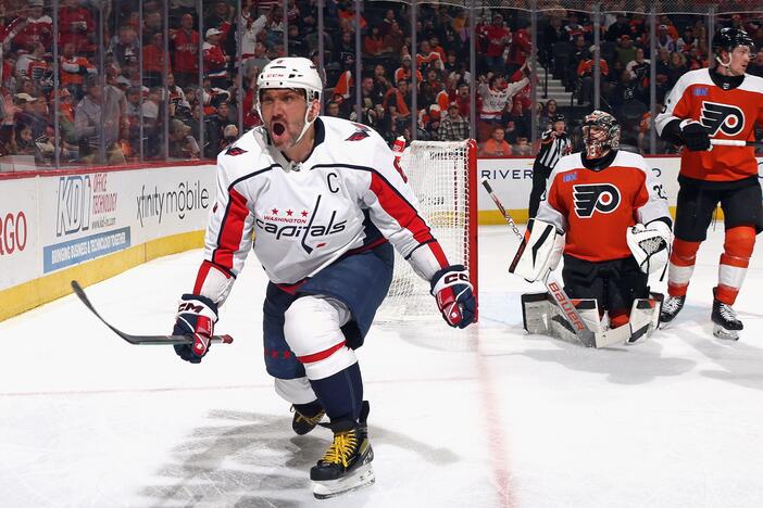 Alex Ovechkin of the Washington Capitals celebrates after scoring against the Philadelphia Flyers on April 16, 2024, in Philadelphia. He's now in his 20th season in the NHL.