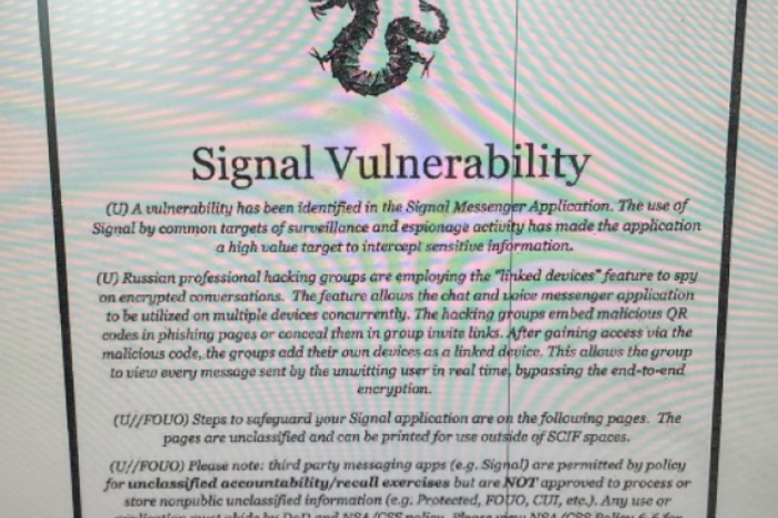 A screengrab of a page from a Pentagon-wide memo warning against using the messaging app Signal.