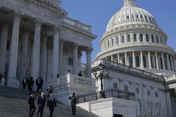 A view of the U.S. Capitol as (L-R) House Speaker Mike Johnson (R-LA), U.S. President Donald Trump and Irish Taoiseach Micheál Martin depart a luncheon on March 12, 2025 in Washington, DC.