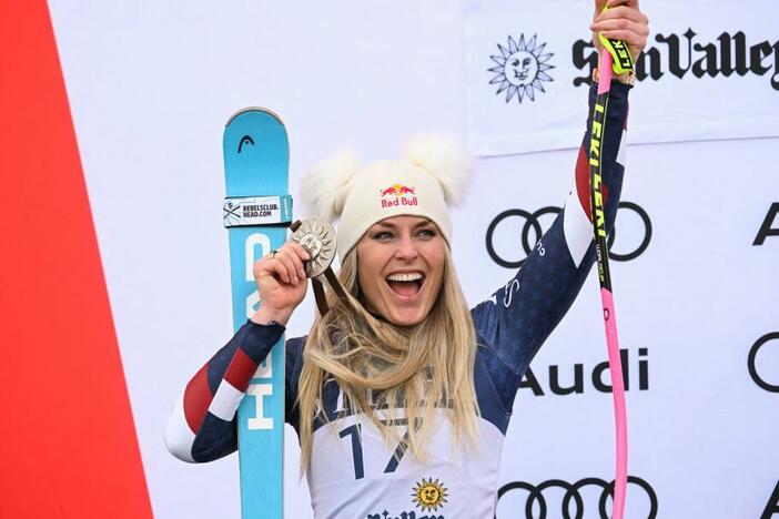 USA's Lindsey Vonn poses with her second-place medal on the podium for the women's Super-G event at the Audi FIS Ski World Cup Sun Valley Finals in Sun Valley, Idaho on March 23.